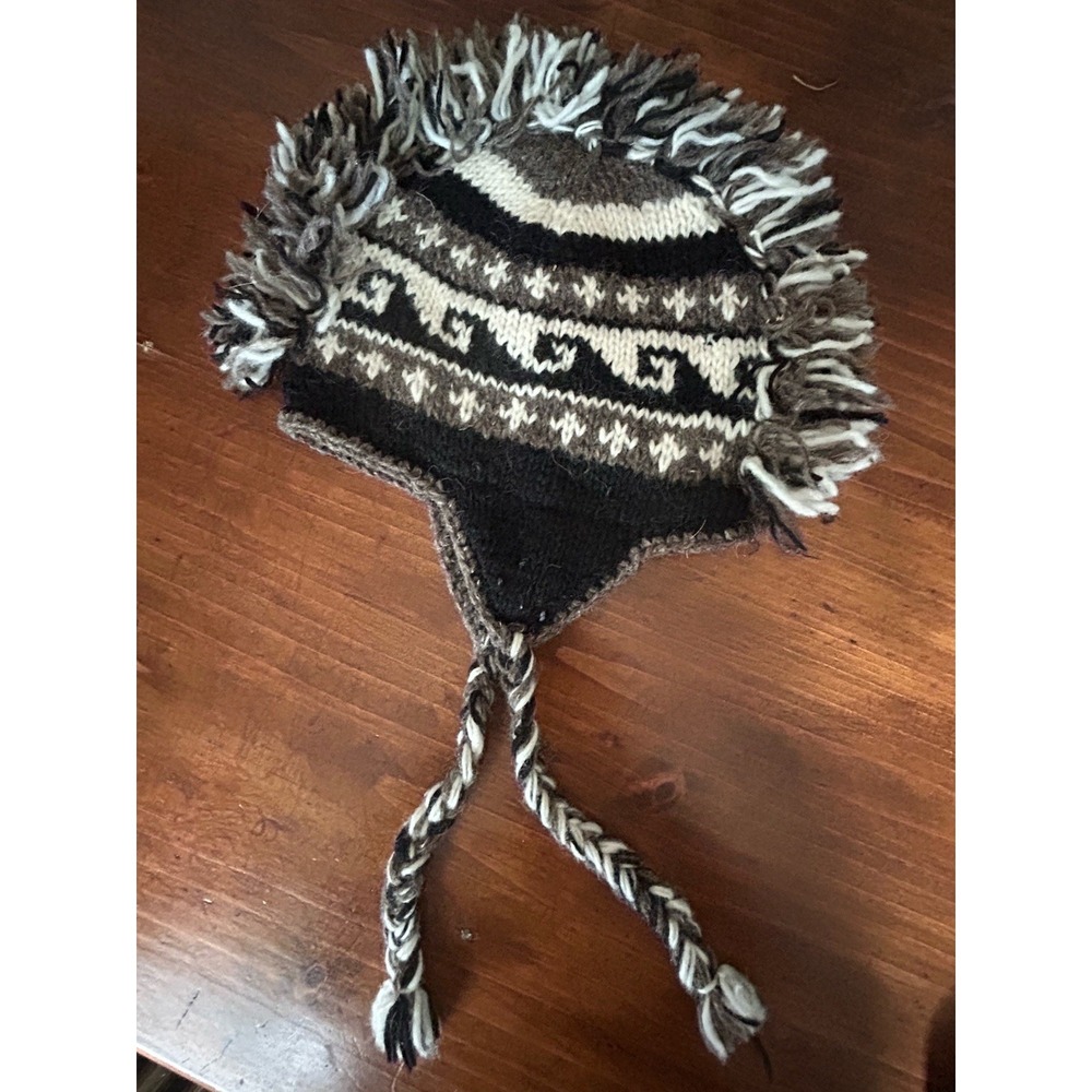Vintage 100% Wool Nepal Mohawk Earflap Beanie Hat Lined Nordic Boho Ski Cap